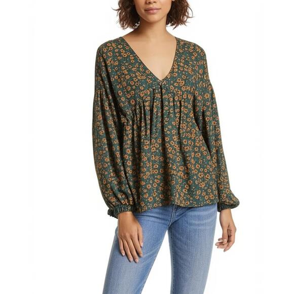 Haptics Tops - Haptics Blouse Womens Small Dark Green Floral Babydoll V-Neck Bohemian Cottage